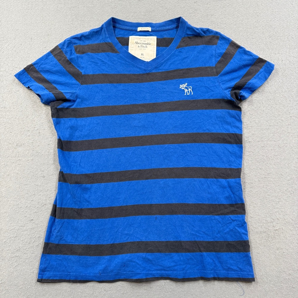 Abercrombie & Fitch T-Shirt Men's XL Blue Striped V-Neck Muscle Fit Athletic Y2K